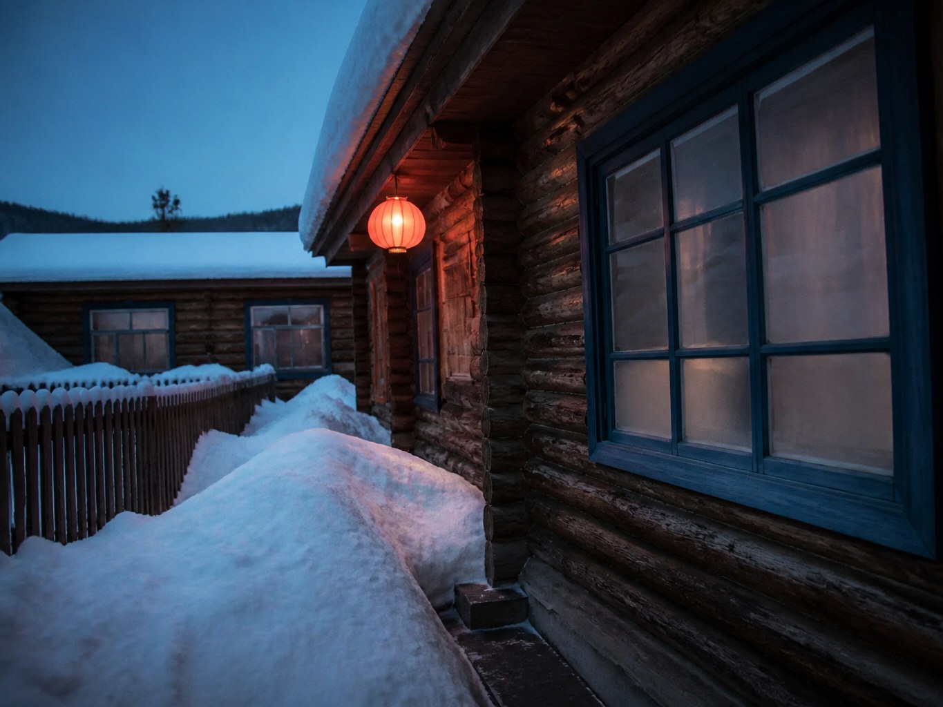 冬至下午三点,屋檐灯笼亮起来,院墙外的雪还堆着。